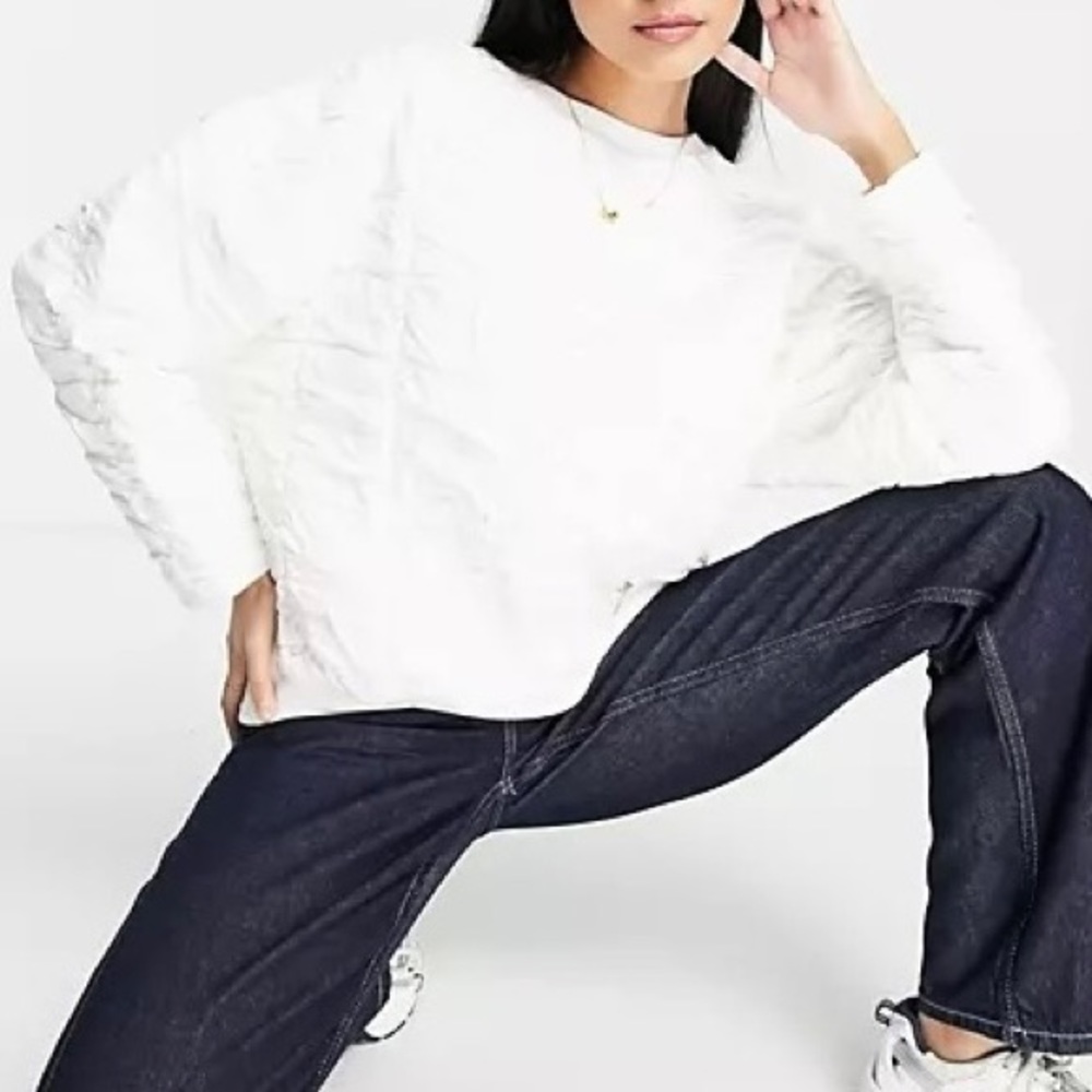 Mango MNG Ivory Quilted Wrinkled Pullover Long Sleeve Oversized Top NWT Small